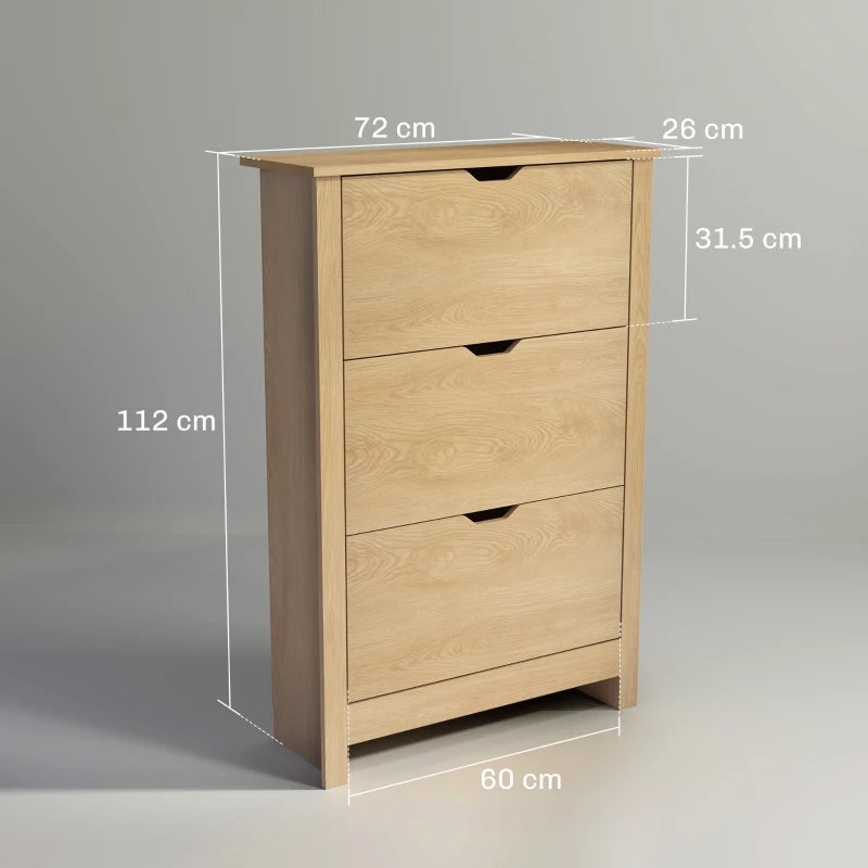 Natural wood narrow shoe cabinet with three pull-out drawers; side view with measurements