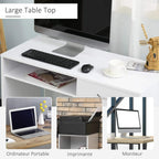 White desk with open shelving for keyboard, papers, and monitor placement.