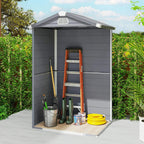 Grey wall shed with open double doors and interior shelving