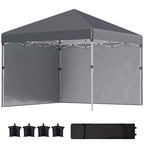 Dark grey pop-up gazebo with front and side panels and raised roof canopy