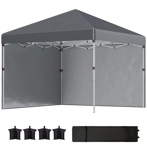 Dark grey pop-up gazebo with front and side panels and raised roof canopy