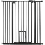 Black pet safety gate with narrow vertical bars and a small bottom cat flap door