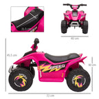 Pink kids ride-on ATV quad bike with black seat, speed-style graphics, and four big wheels