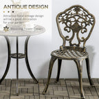 Bronze cast aluminum armless chair with ornate floral back and round mesh seat