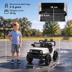 White electric kids ride-on car with black wheels, front view, and seat area