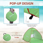 Green pop-up tent with red trim and included carrying bag, fast pop-up design