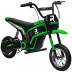 Green and black electric kids dirt bike with chunky tires and handlebar grips
