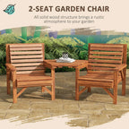 Tan brown wooden 2-seat garden chair set with slatted chairs and square coffee table
