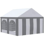 Light grey gazebo with striped side panels and clear window panels, closed walls