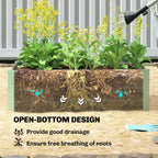 Light green steel raised planter box with plants and slatted sides, open top