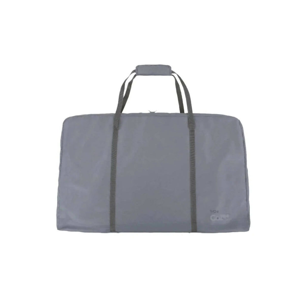 Padded gray bedside crib travel bag with two carry handles