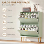 Light green shoe cabinet with two open tiers for organizing multiple shoe styles