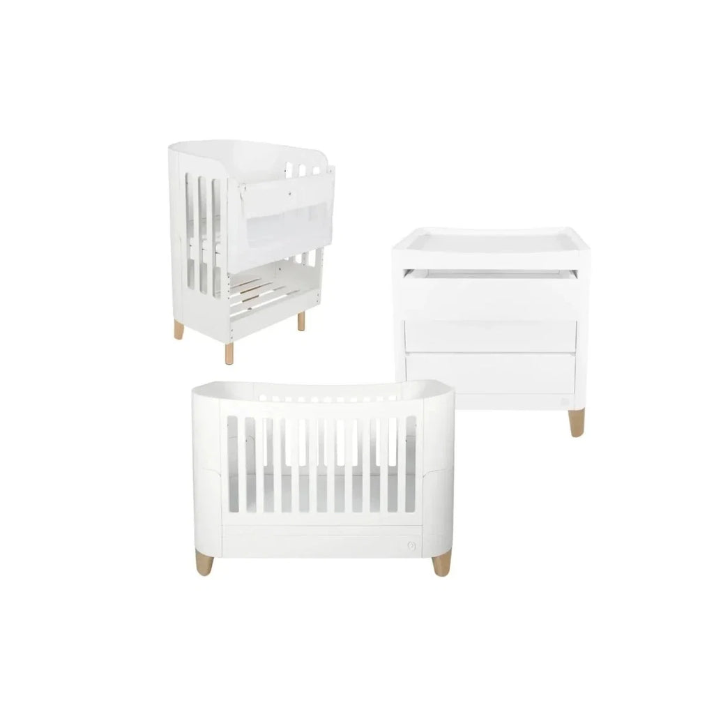 White baby cot bed with vertical slat sides and natural wood legs, front and side views