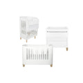 White baby cot bed with vertical slat sides and natural wood legs, front and side views
