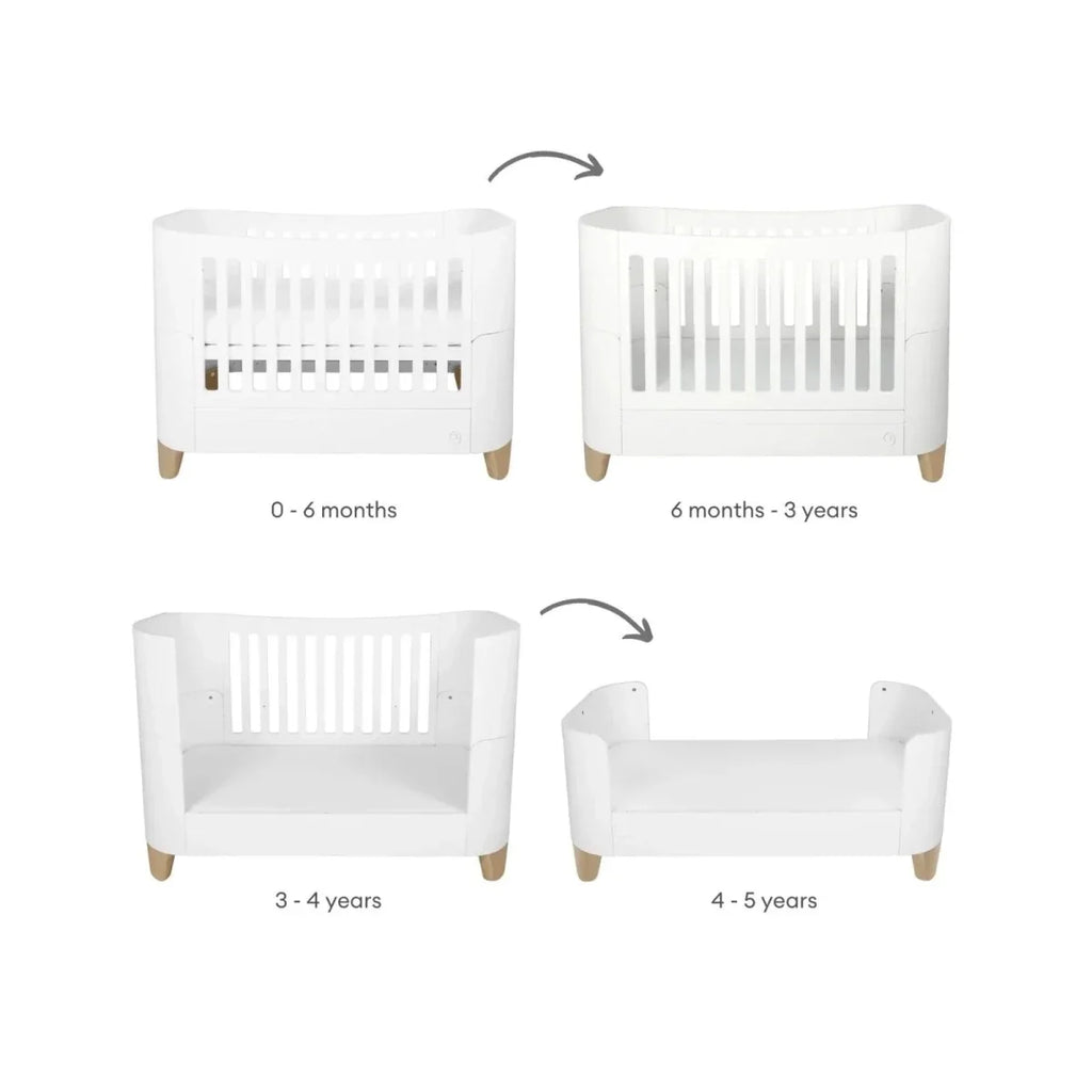 White convertible baby cot bed with slatted sides shown in multiple positions