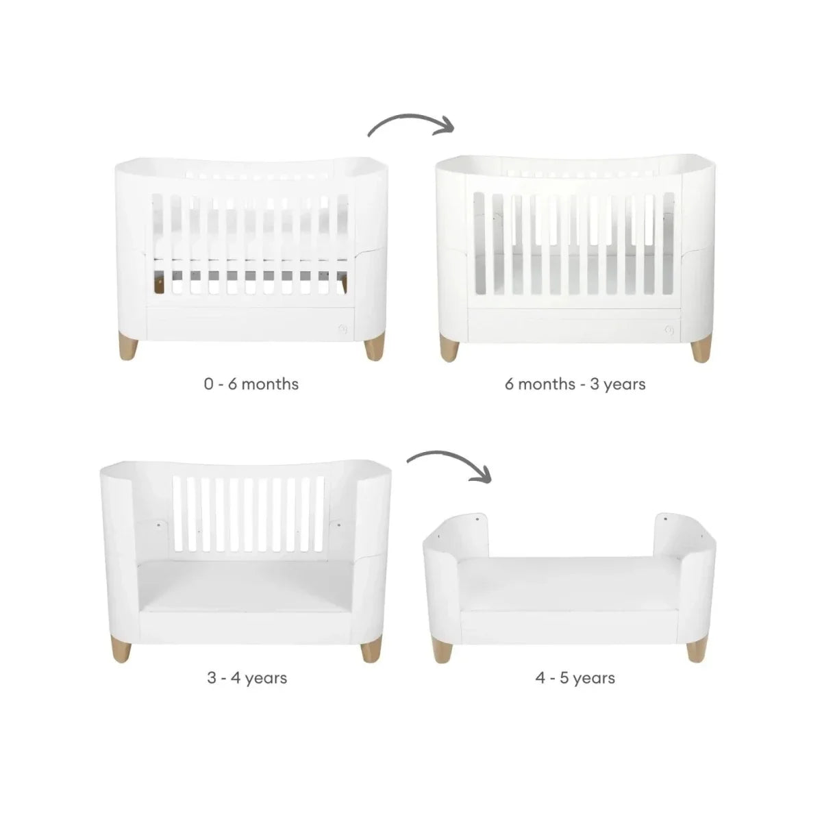 White convertible baby cot bed with slatted sides shown in multiple positions