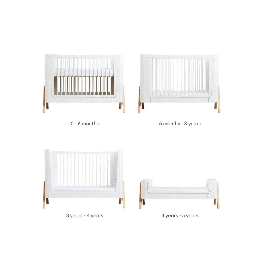 Convertible cot bed layout showing four age positions with white rails and light wood feet