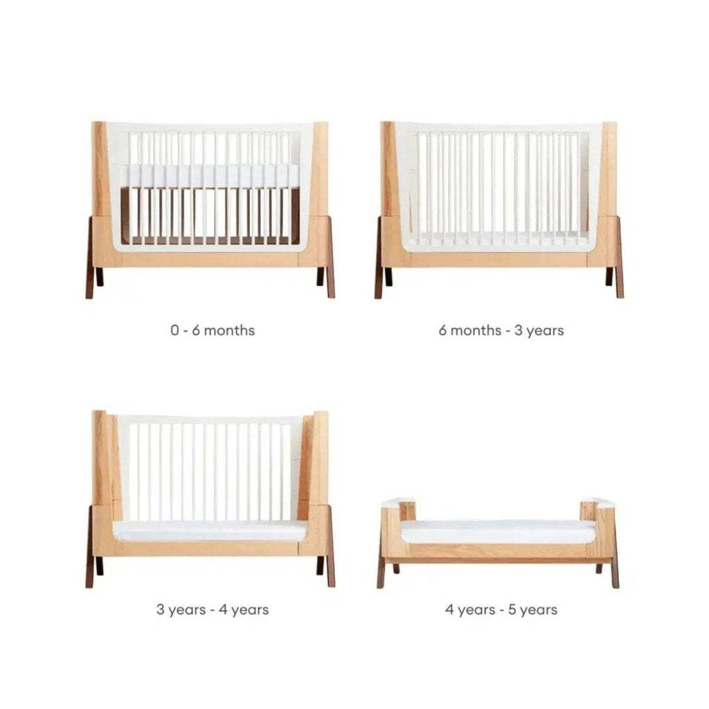Convertible cot bed size chart showing 0–6 months, 6–3 years, 3–4 years