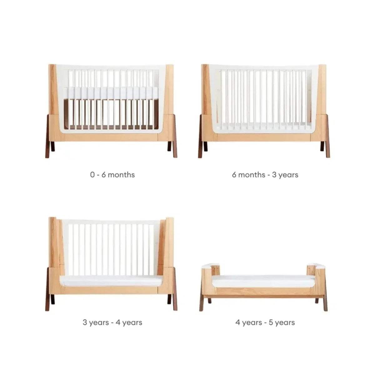 Convertible cot bed size chart showing 0–6 months, 6–3 years, 3–4 years