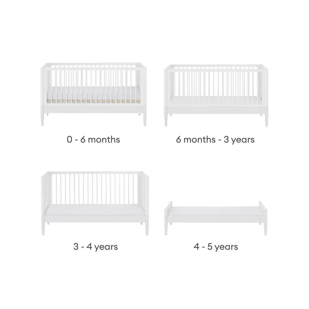 White convertible baby bed frame set for multiple stages, front views