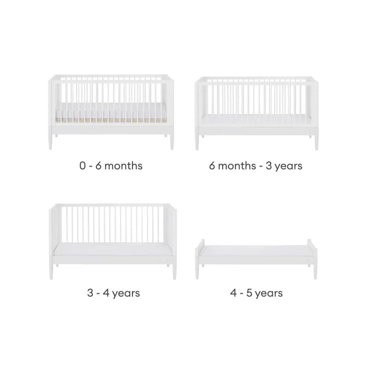 White convertible baby bed frame set for multiple stages, front views