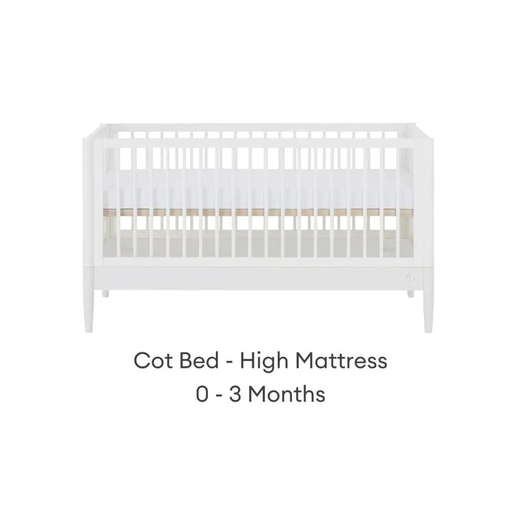 White cot bed with high mattress height, front view