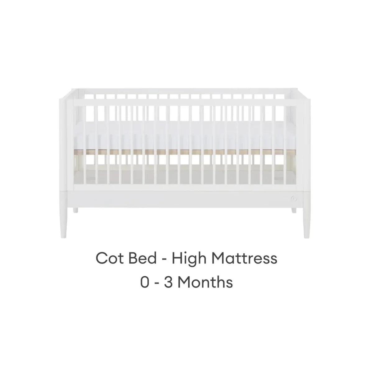White cot bed with high mattress height, front view