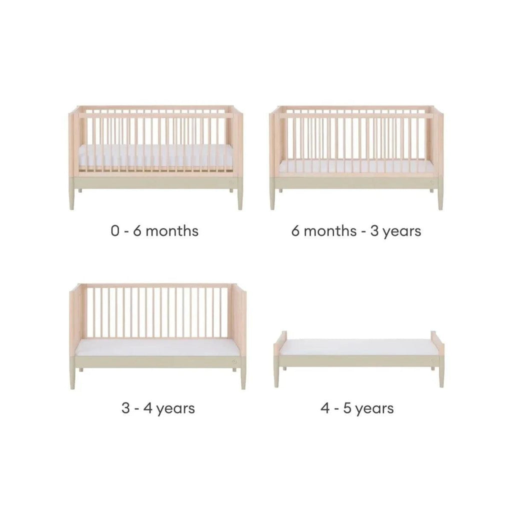 Convertible baby cot bed set in light wood with sage rail, four age positions