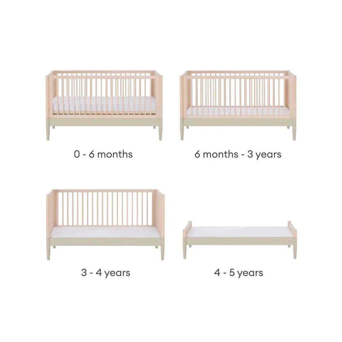 Convertible baby cot bed set in light wood with sage rail, four age positions