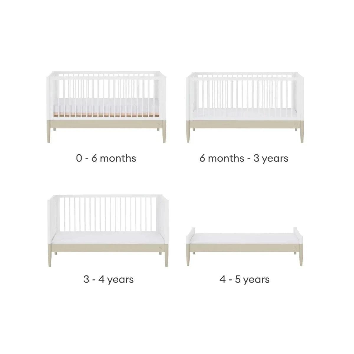 Convertible baby bed frame set in white with light wood legs, multiple sizes shown