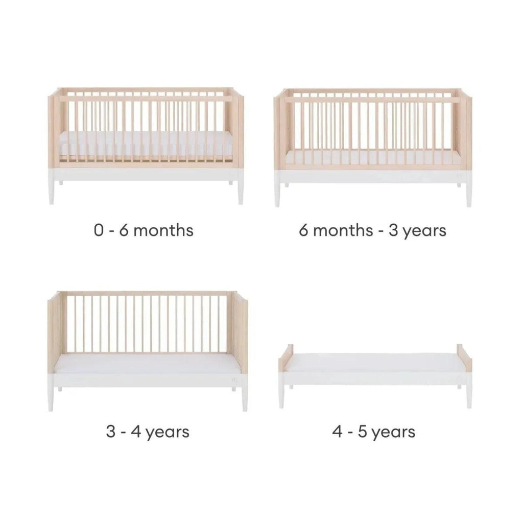 Convertible cot bed stages diagram with natural ash frame and white mattress