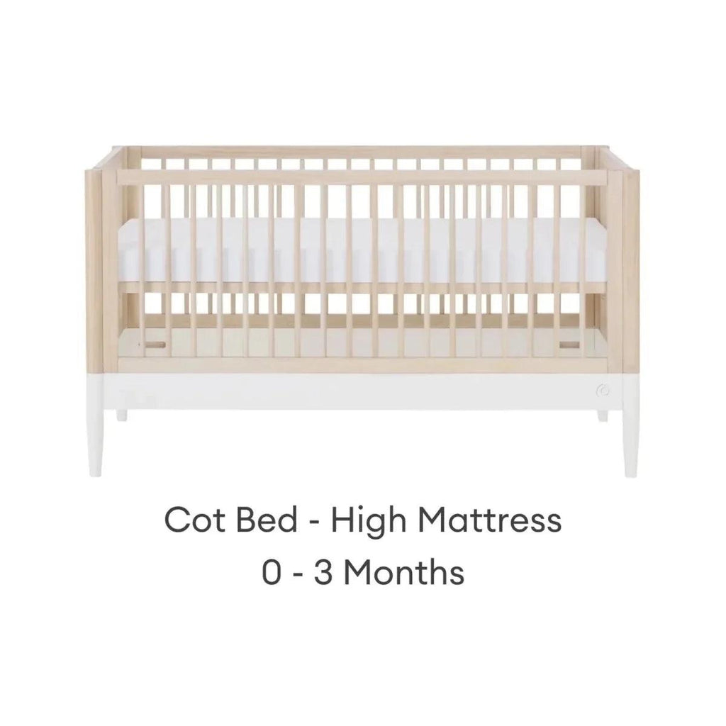 Cot bed with high mattress position, natural ash frame and white mattress