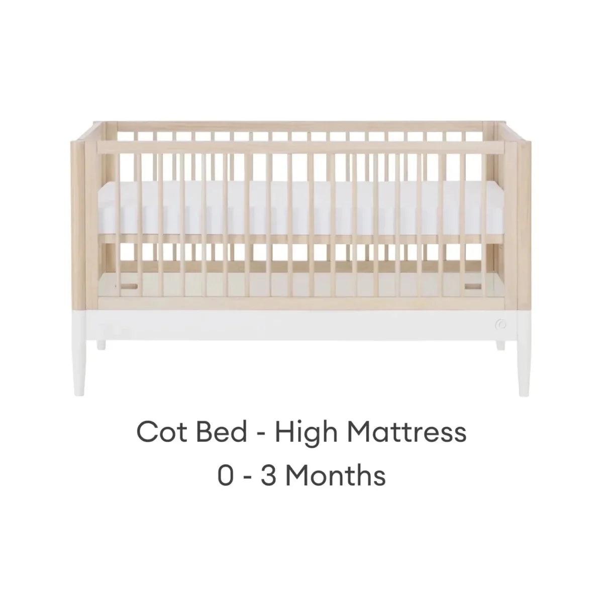 Cot bed with high mattress position, natural ash frame and white mattress