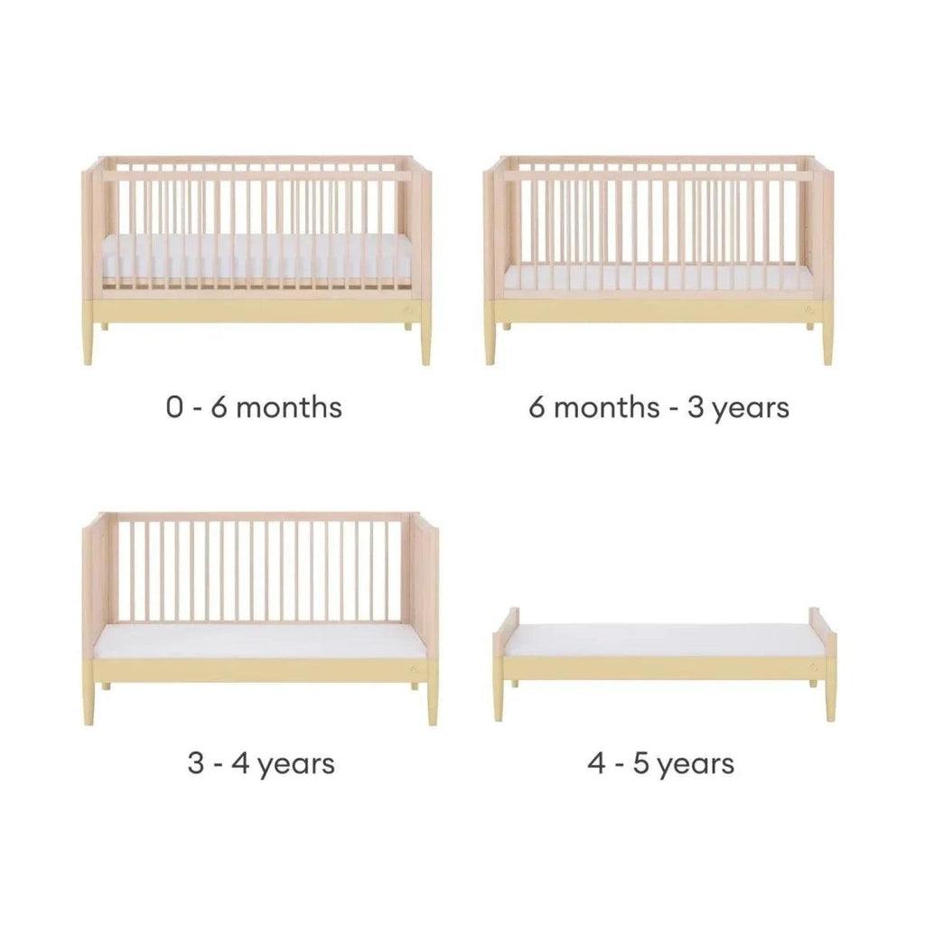 Multi-size cot bed set diagram with light wood frame and white slatted headboard