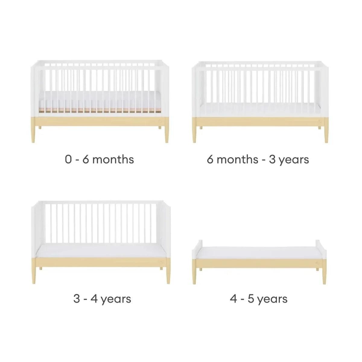White cot bed with primrose yellow base rail, size options shown