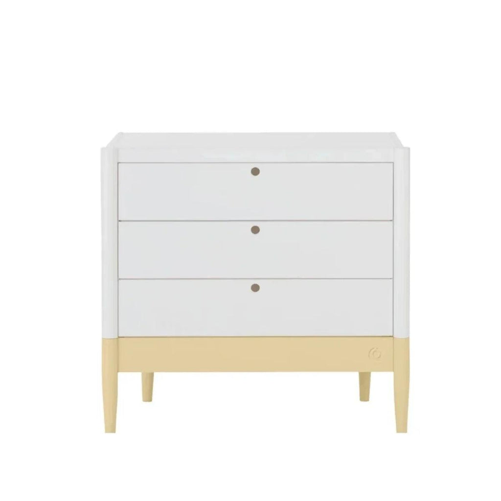 White baby dresser, three drawers with primrose yellow accent stripe