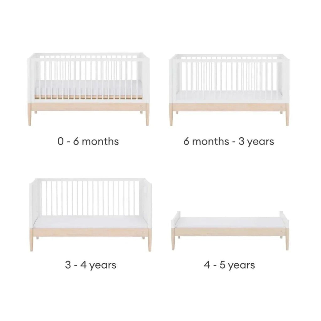 White cot bed size lineup with four views for different age ranges