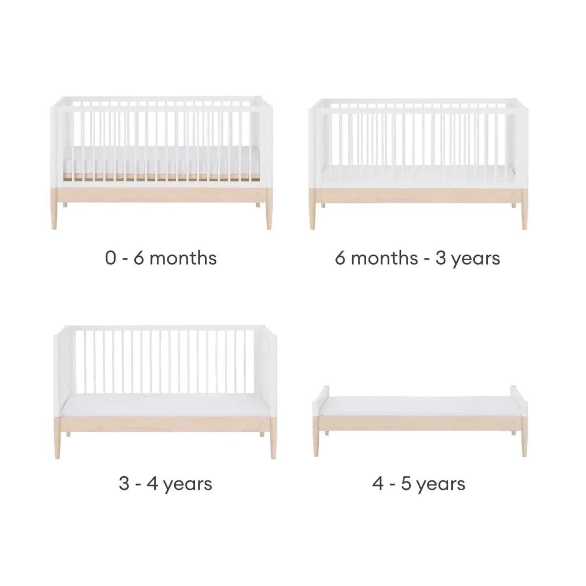 White cot bed size lineup with four views for different age ranges