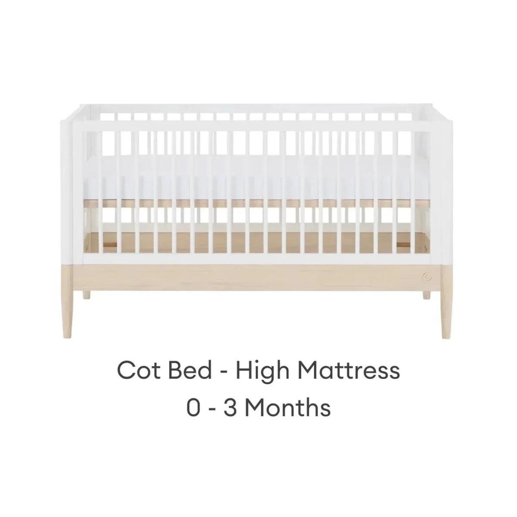 White cot bed with natural rail, high mattress position for newborns