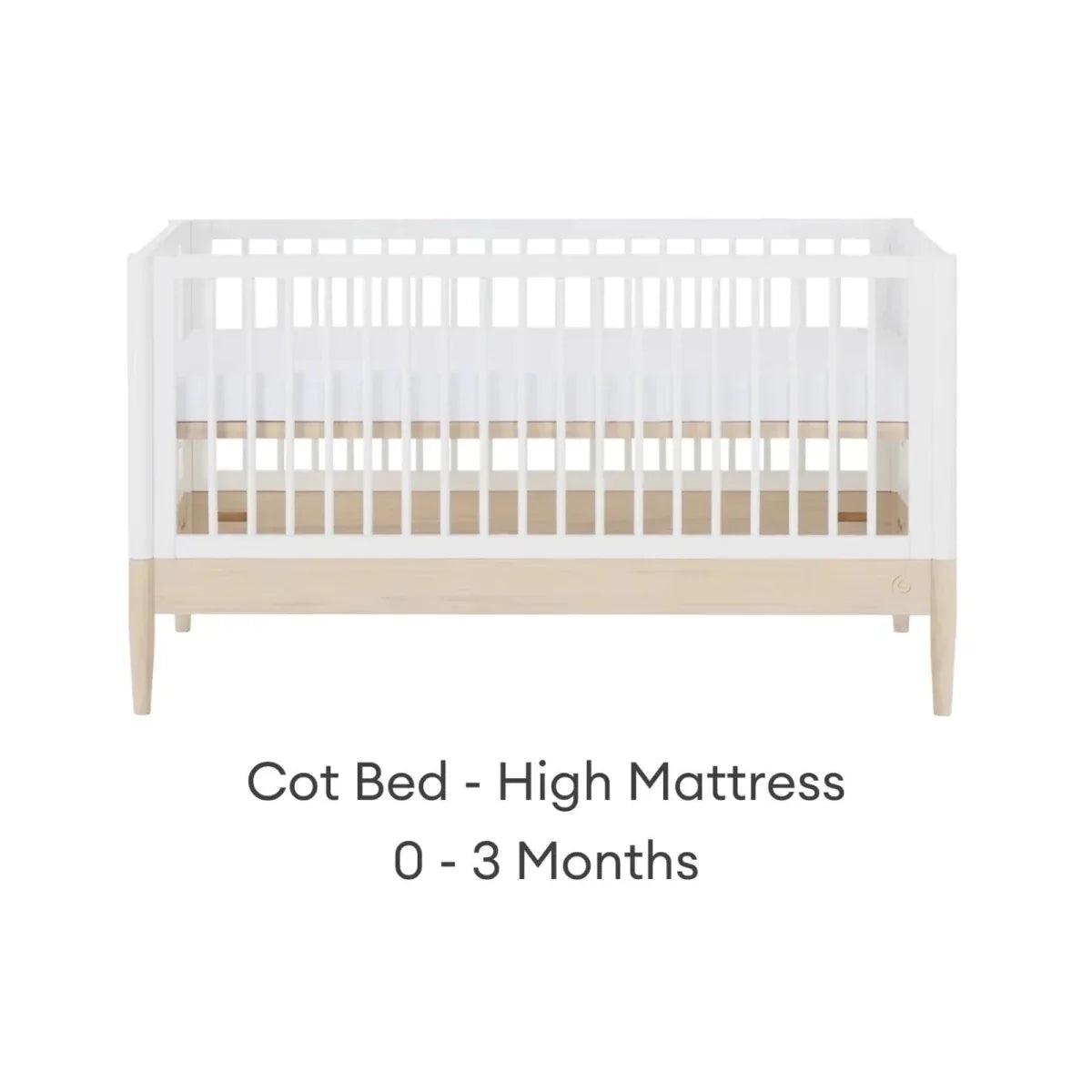 White cot bed with natural rail, high mattress position for newborns