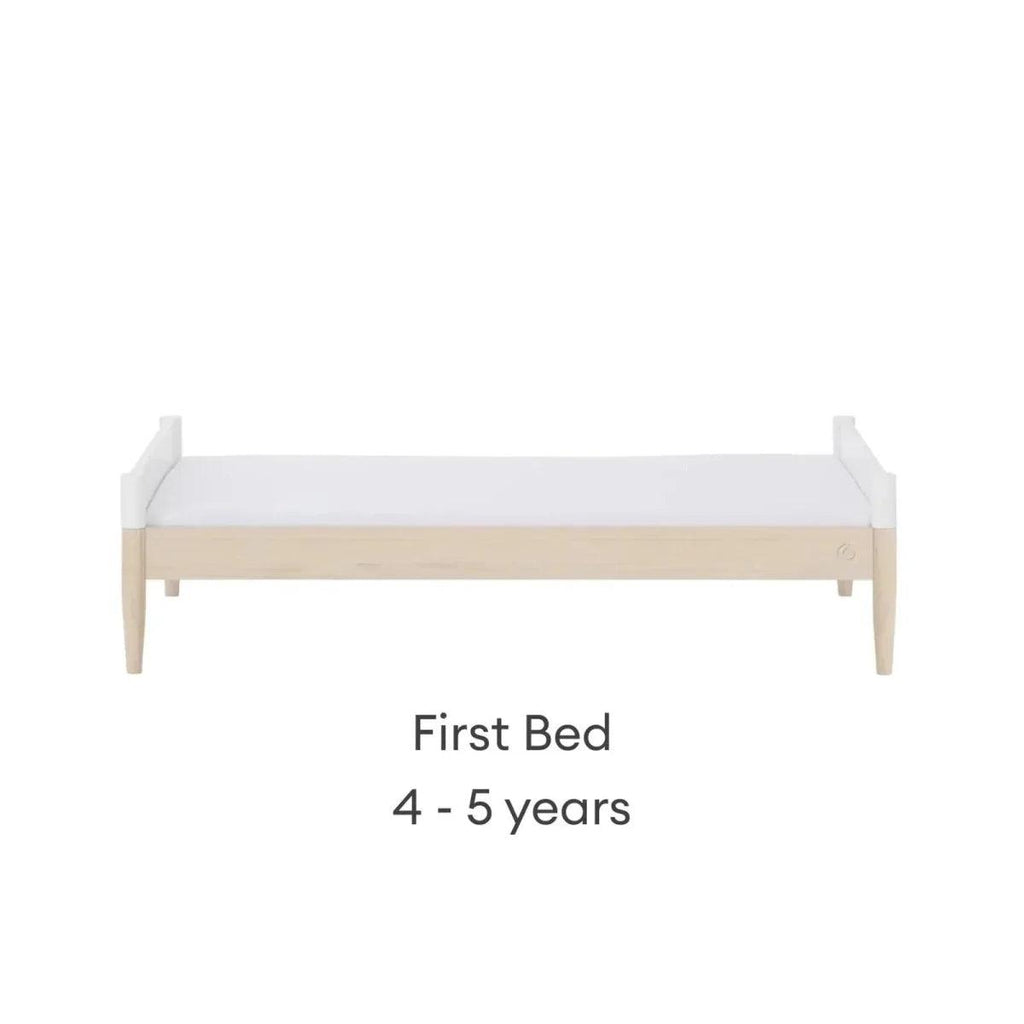 White first bed frame with natural base rail and side panels