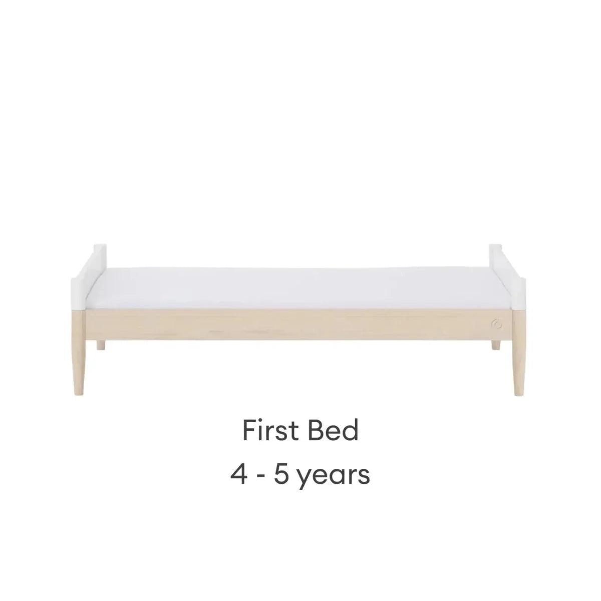 White first bed frame with natural base rail and side panels