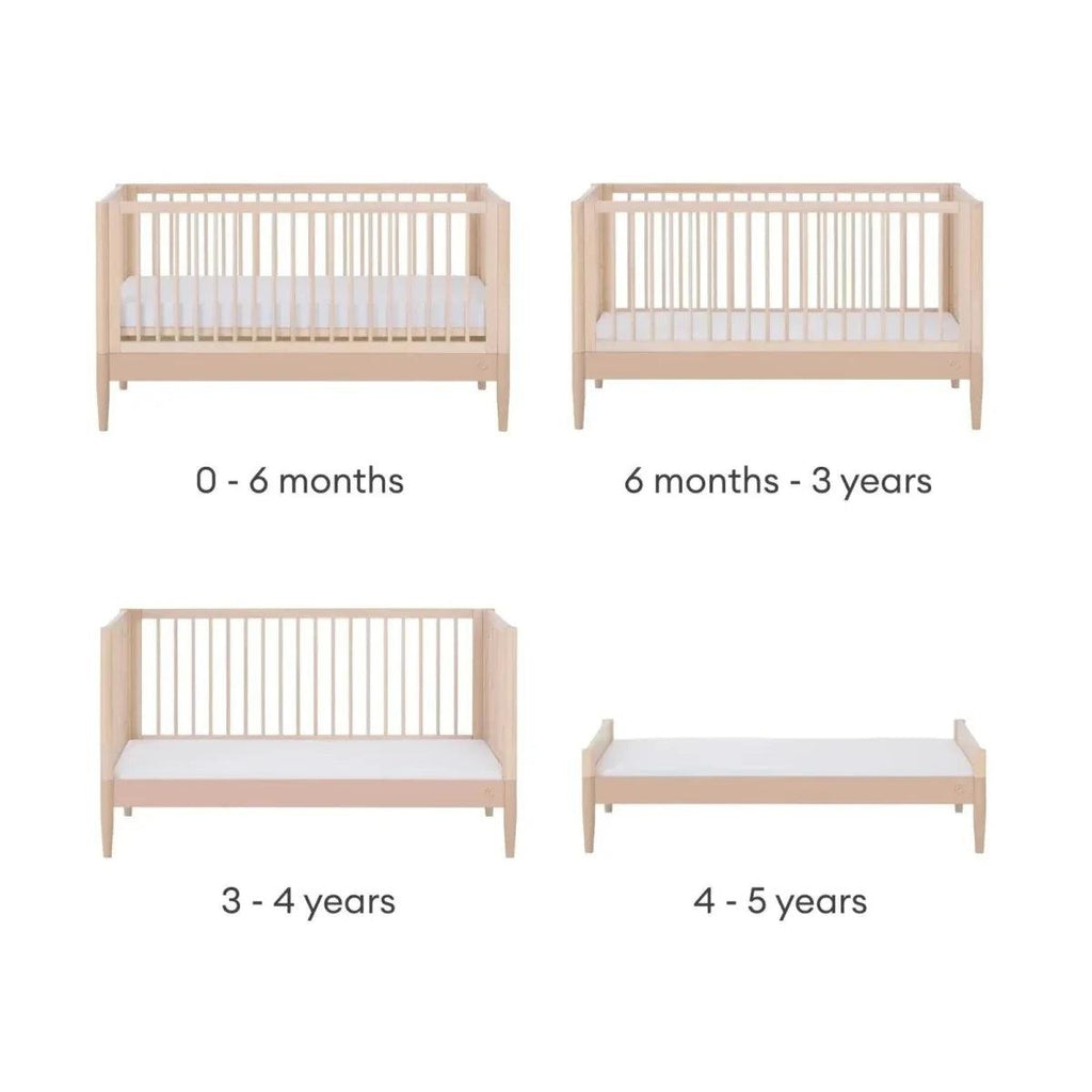 Multi-stage baby cot bed frames in light wood, showing different size options