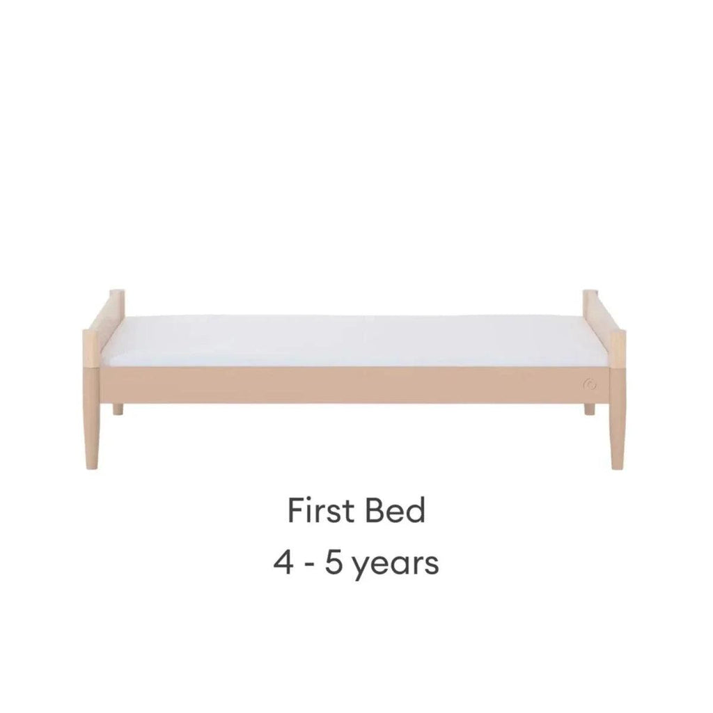 Light wood first bed with mattress platform, front view