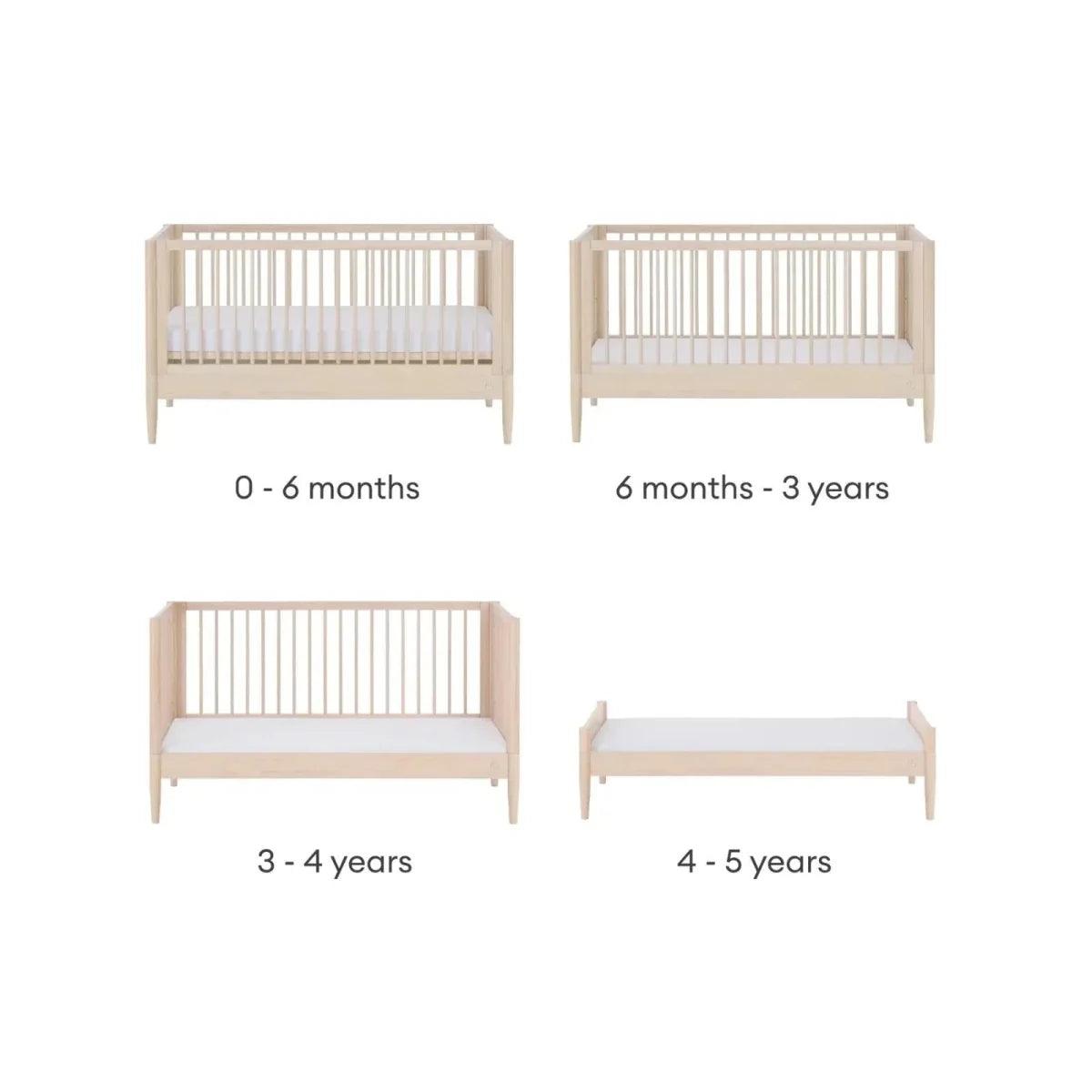 Natural ash convertible cot bed with four bed-height views