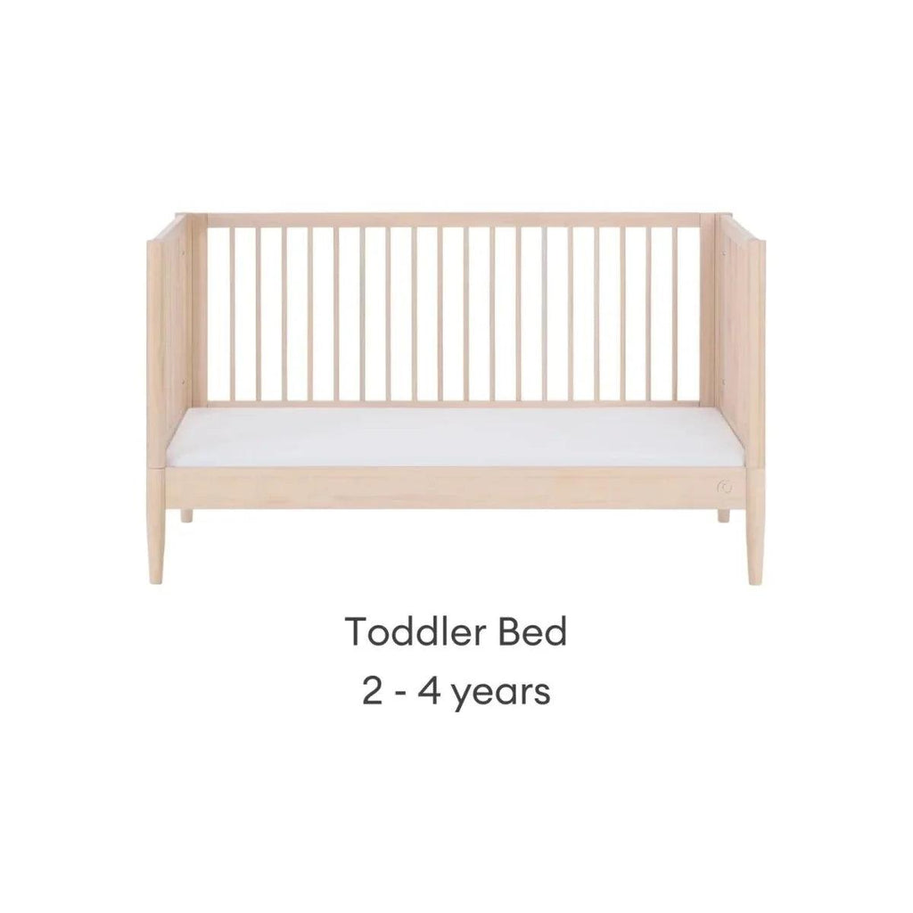 Natural ash toddler bed frame with low rails and open front