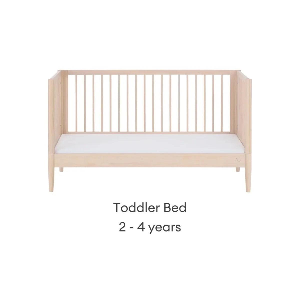 Natural ash toddler bed frame with low rails and open front