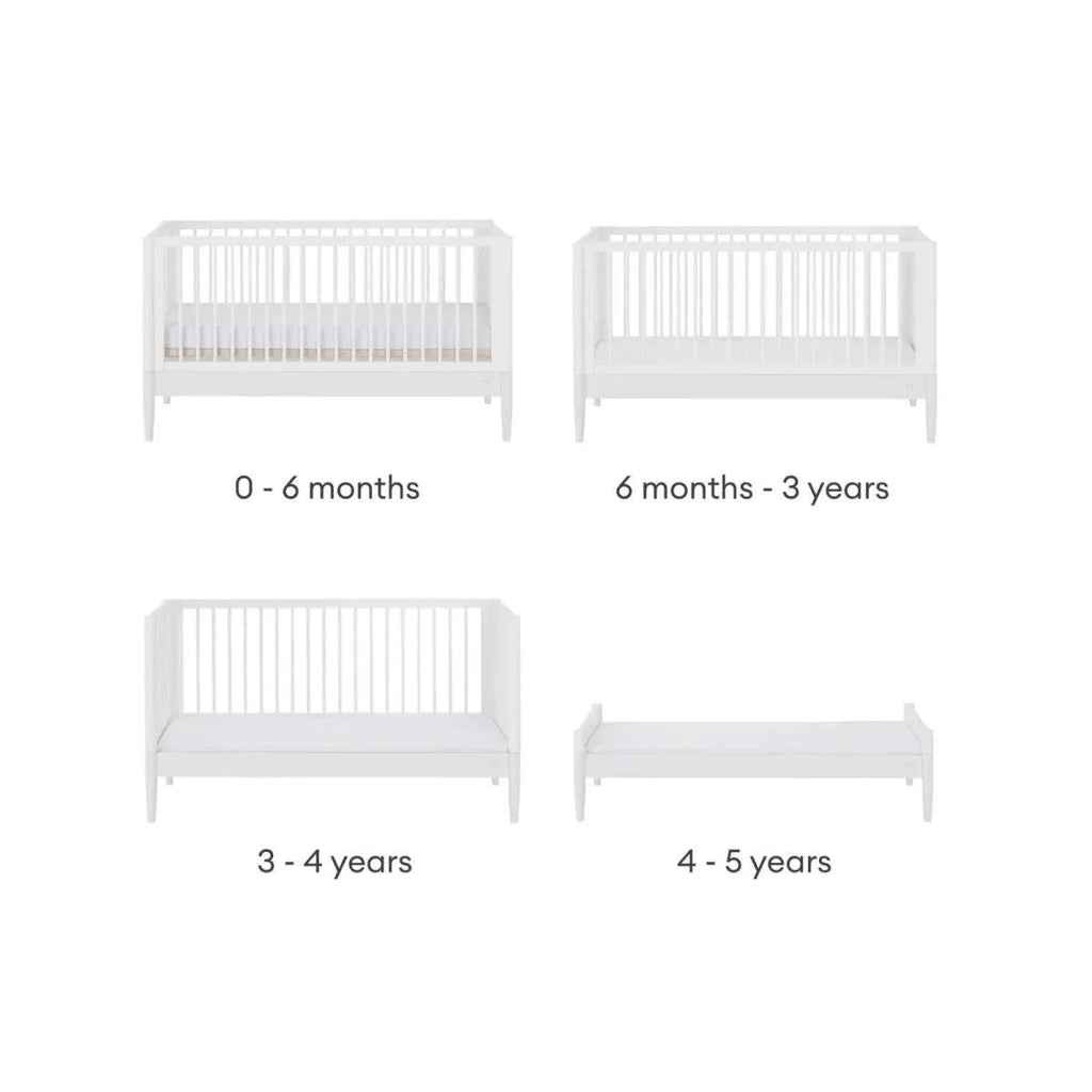 White cot bed conversion set showing four staged bed sizes with slatted rails