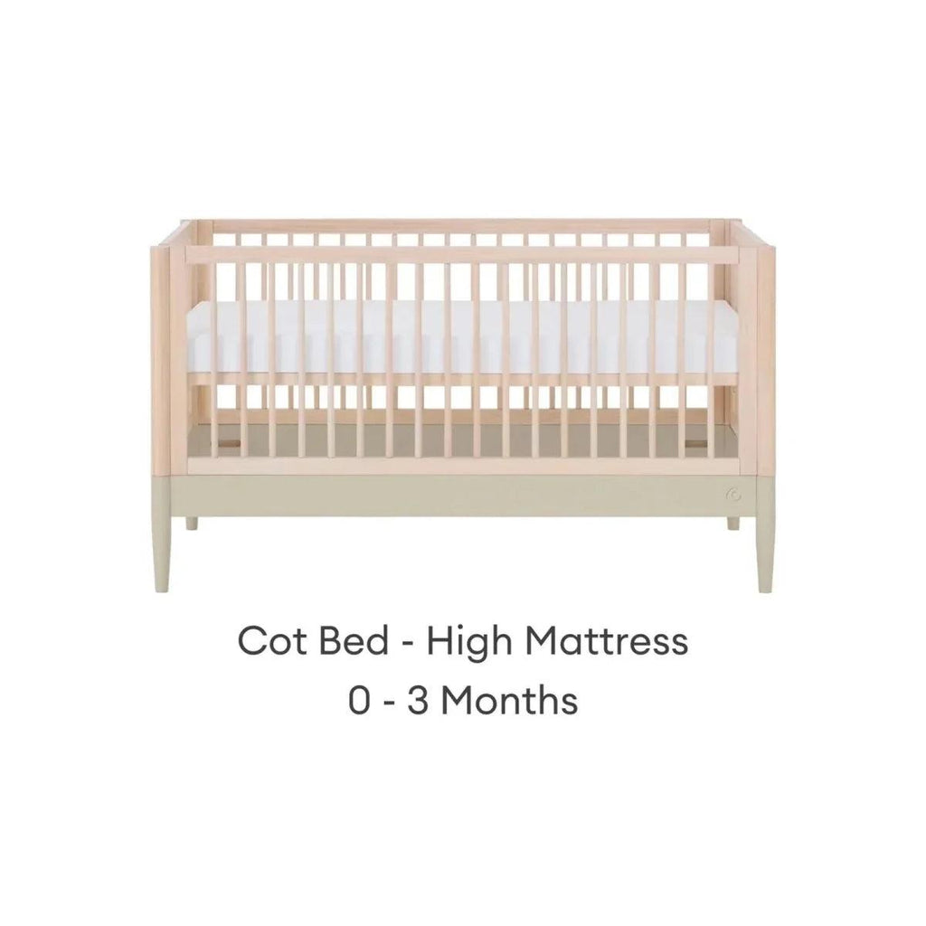 Cot bed in high mattress position, natural wood frame with desert sage lower panel
