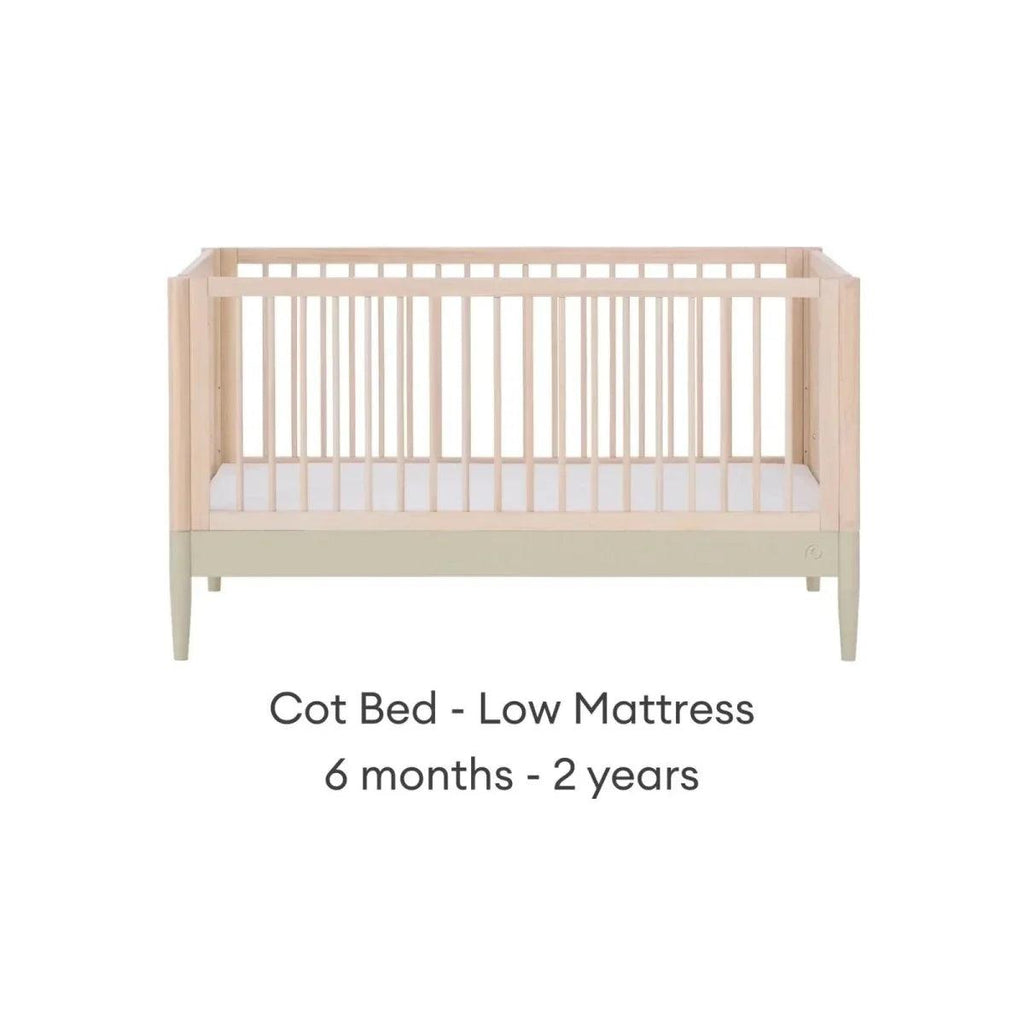 Cot bed in low mattress position, natural wood frame with desert sage lower panel